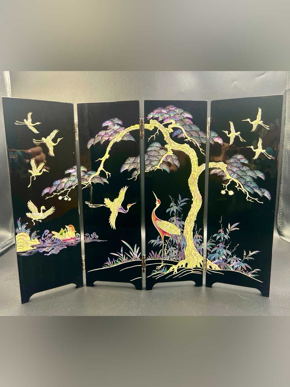Vintage Korean Mother of Pearl Lacquer 4 Panel Tabletop Screen Cranes Pine